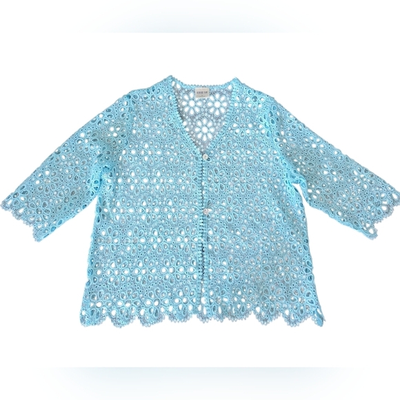 Bedford fair Tops - Blue Crochet Cardigan Lace  Women's Size P Large Aqua Blue Cottagecore Coquette